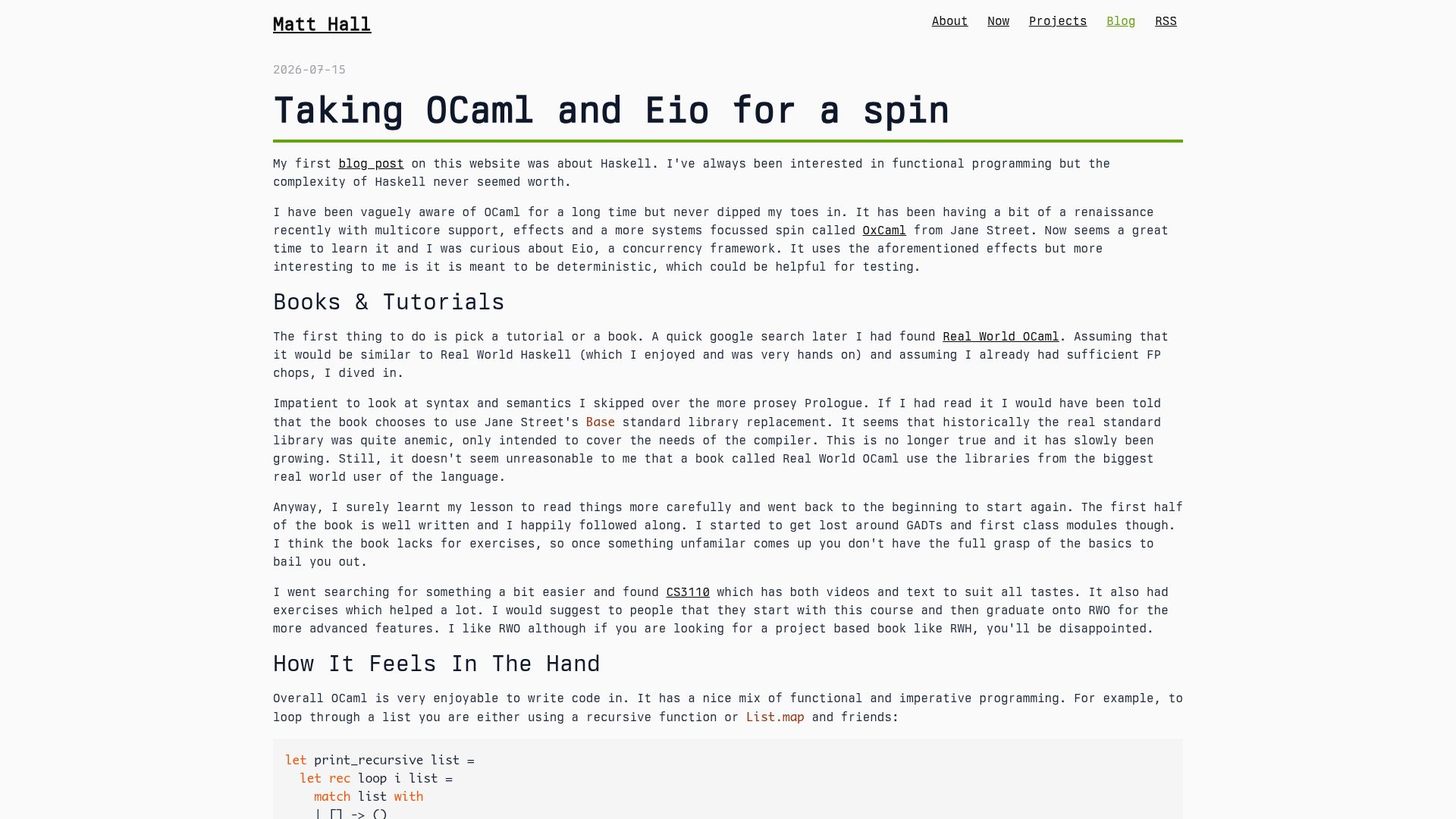 Screenshot of mattjhall.co.uk: Taking OCaml and Eio for a Spin