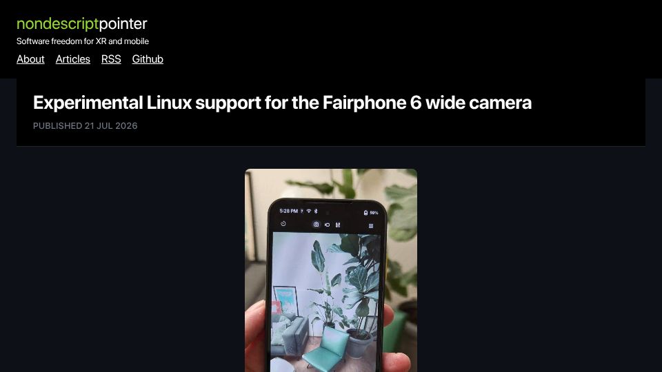 Screenshot of nondescriptpointer.com: Fairphone 6 wide camera experimental Linux support