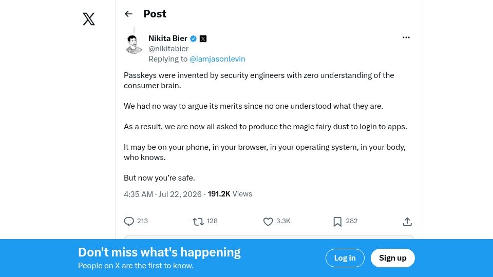 Screenshot of twitter.com: Passkeys were invented by engineers with zero understanding of consumer brain