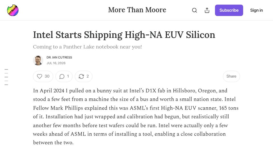 Screenshot of morethanmoore.substack.com: Intel Starts Shipping High-NA EUV Silicon