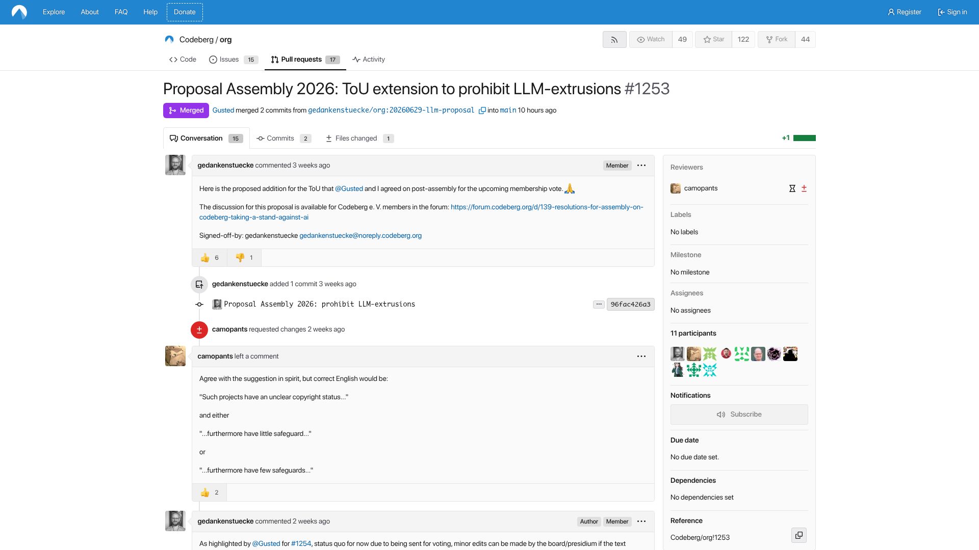 Screenshot of codeberg.org: Codeberg: ToU extension to prohibit LLM-extrusions