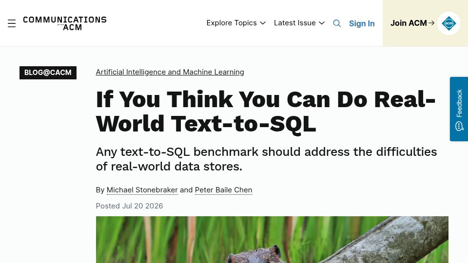 Screenshot of cacm.acm.org: Any text-to-SQL benchmark should address difficulties of real-world data stores