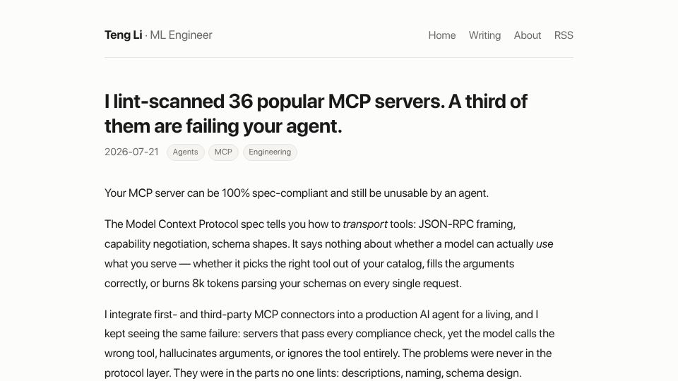 Screenshot of tengli.dev: I graded 36 popular MCP servers on agent usability. A third got a D or F