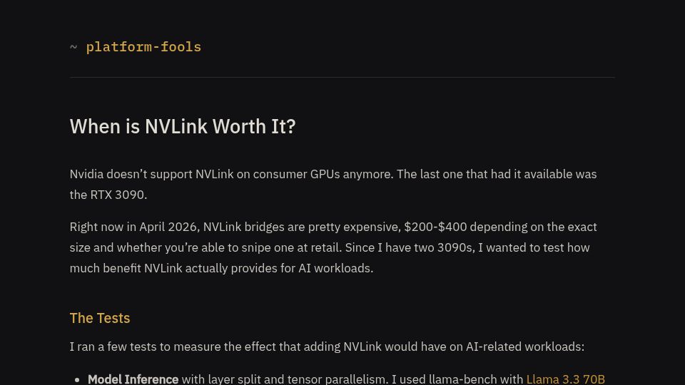 Screenshot of platform-fools.com: When is NVLink worth it?