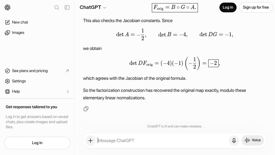 Screenshot of chatgpt.com: Terence Tao's ChatGPT conversation about the Jacobian Conjecture counterexample
