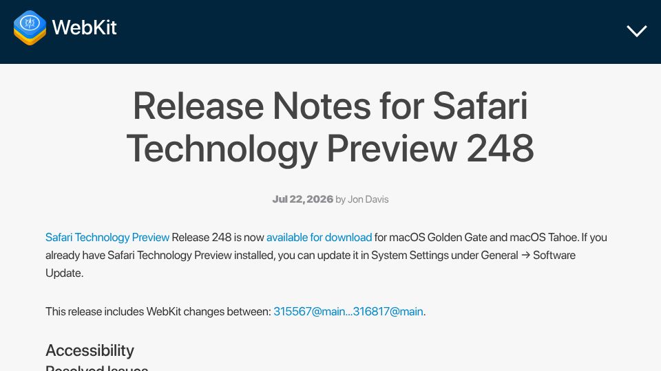 Screenshot of webkit.org: Safari Technology Preview 248 Released