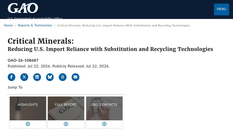 Screenshot of gao.gov: Critical Minerals: Reducing U.S. import reliance with substitution and recycling