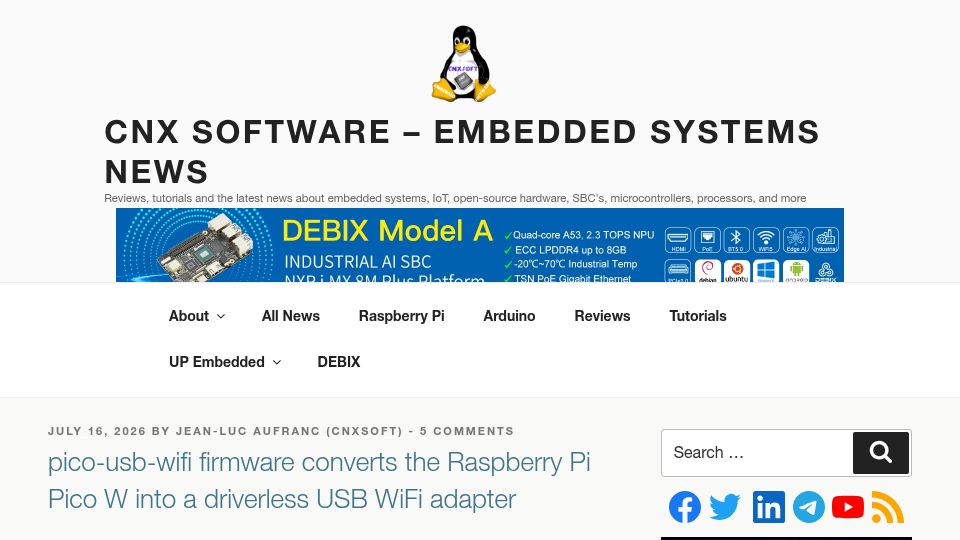 Screenshot of cnx-software.com: Pico W firmware creates driverless USB WiFi bridge (Layer-2)