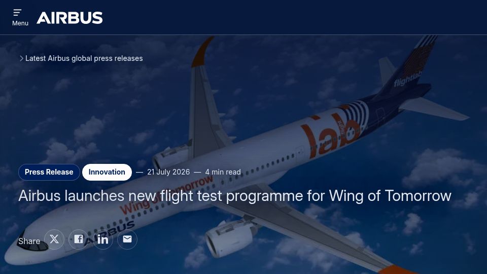 Screenshot of airbus.com: Full Scale Foldable Wing Extensions
