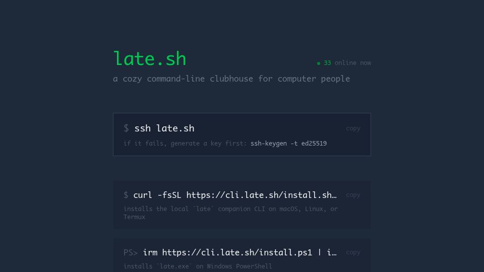 Screenshot of late.sh: Late.sh – a command-line Clubhouse for computer people