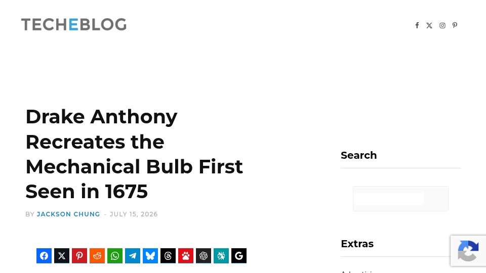 Screenshot of techeblog.com: Drake Anthony Recreates the Mechanical Bulb First Seen in 1675 – TechEBlog
