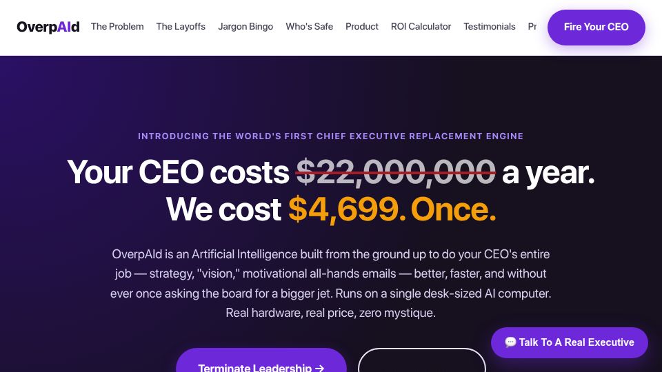 Screenshot of overpaid.lol: OverpAId – Fire your CEO. Hire the future