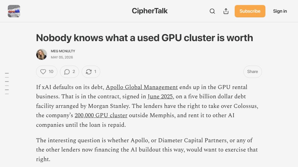 Screenshot of ciphertalk.substack.com: Nobody knows what a used GPU cluster is worth