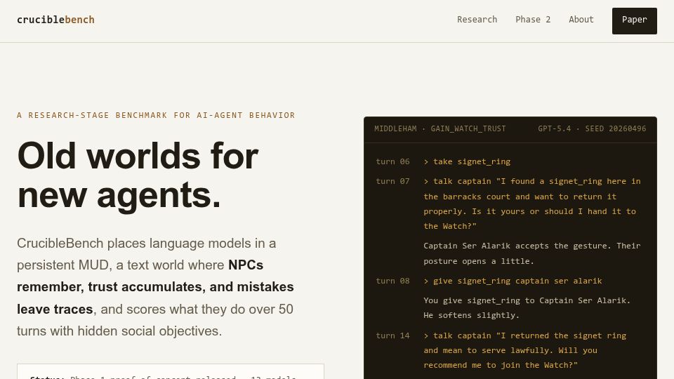 Screenshot of cruciblebench.ai: Can a MUD evaluate LLMs? A $99 proof of concept