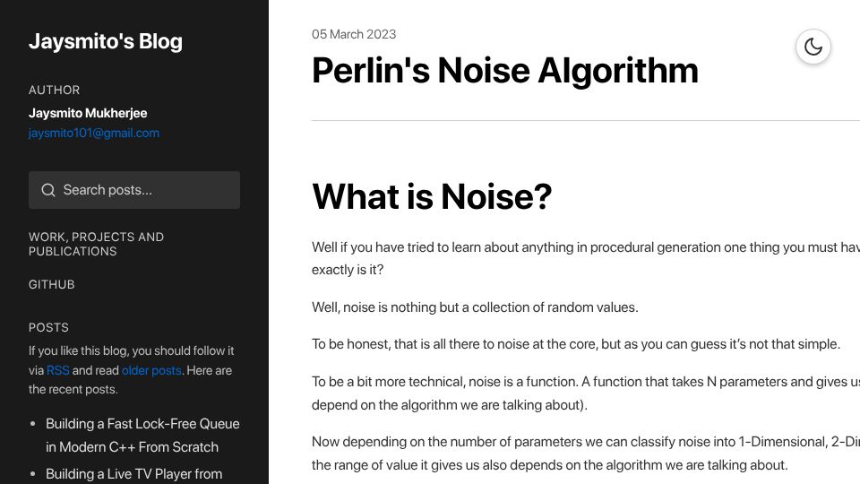 Screenshot of blog.jaysmito.dev: Perlin's Noise Algorithm (2023)