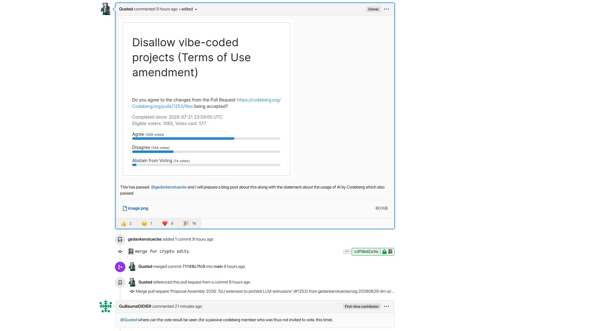Screenshot of codeberg.org: Codeberg bans vibe coded projects