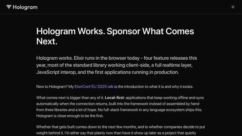Screenshot of hologram.page: Hologram Works. Sponsor What Comes Next