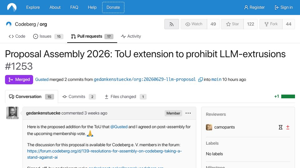 Screenshot of codeberg.org: Codeberg: ToU extension to prohibit LLM-extrusions