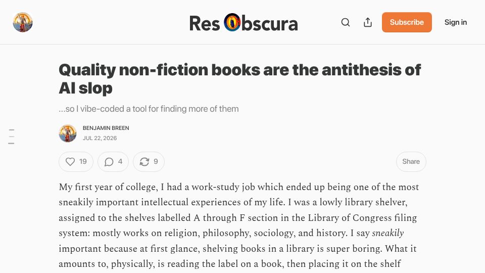 Screenshot of resobscura.substack.com: Quality non-fiction books are the antithesis of AI slop