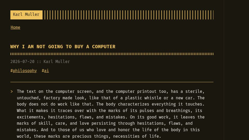 Screenshot of karlvmuller.com: Why I am not going to buy a computer