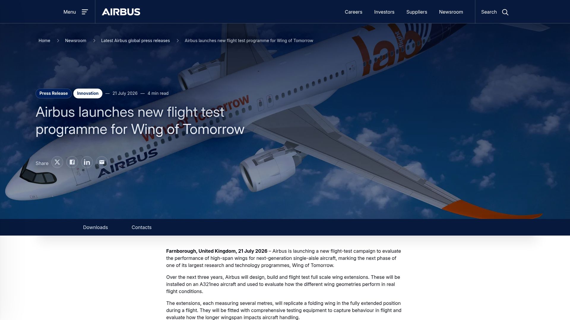 Screenshot of airbus.com: Full Scale Foldable Wing Extensions