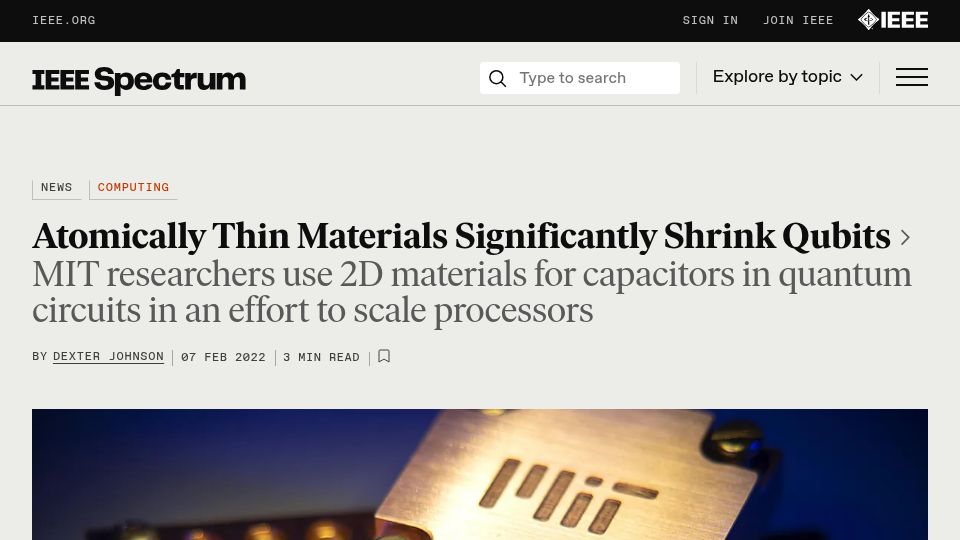 Screenshot of spectrum.ieee.org: Atomically Thin Materials Significantly Shrink Qubits (2022)