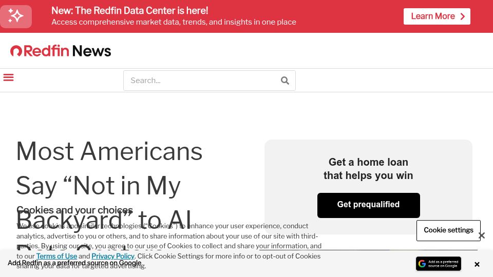 Screenshot of redfin.com: Most Americans say "not in my backyard" to AI data centers