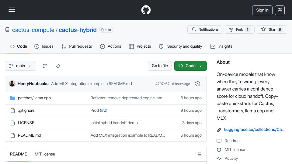 Screenshot of github.com: Show HN: Cactus Hybrid: We taught Gemma 4 to know when it's wrong