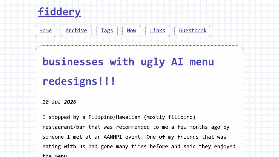 Screenshot of blog.fiddery.com: Businesses with ugly AI menu redesigns