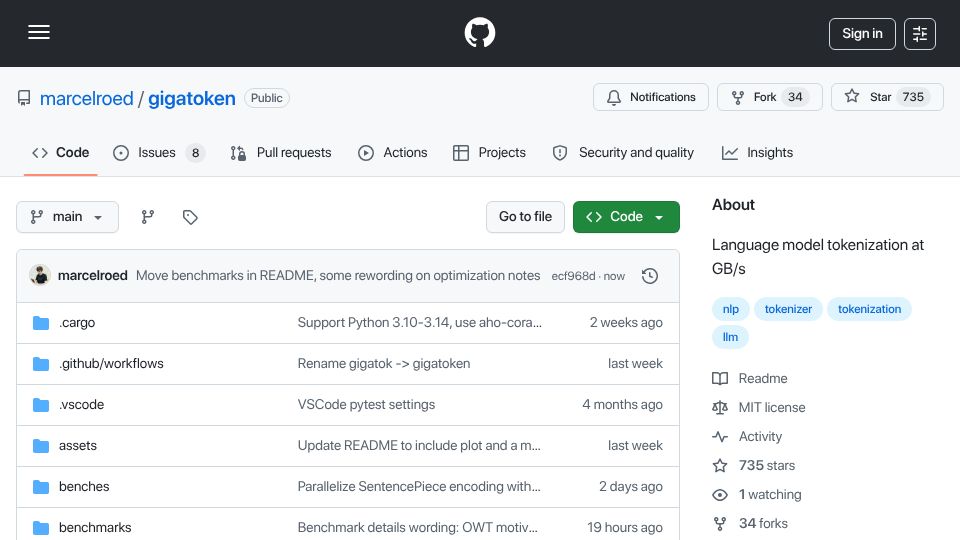 Screenshot of github.com: GigaToken: ~1000x faster Language model tokenization