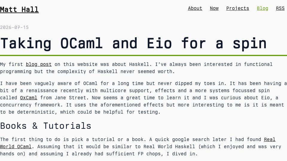 Screenshot of mattjhall.co.uk: Taking OCaml and Eio for a Spin