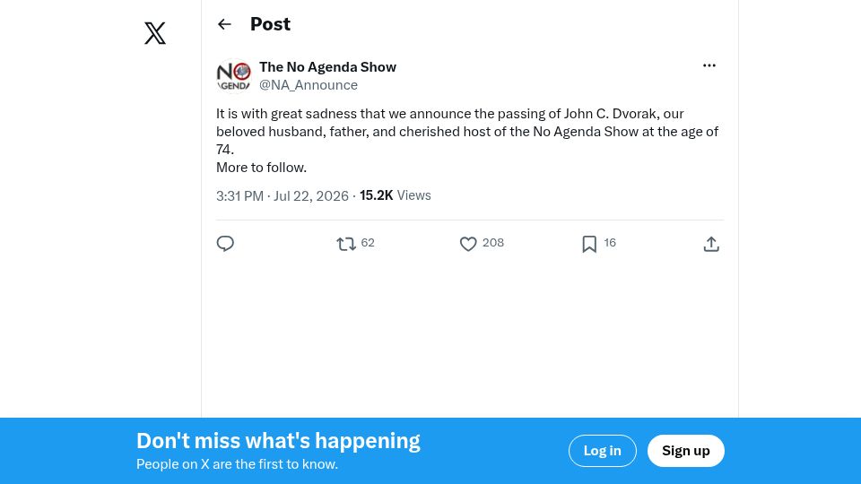 Screenshot of twitter.com: John C. Dvorak has died