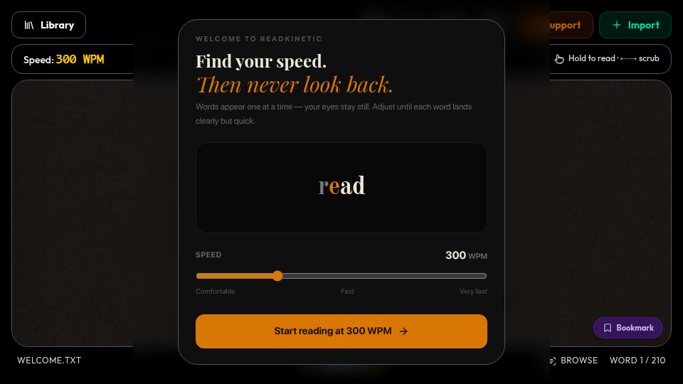 Screenshot of readkinetic.com: Show HN: ReadKinetic – a free, local-first speed reader for your own books