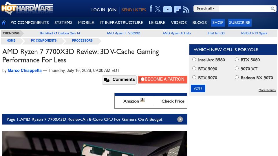 Screenshot of hothardware.com: AMD Ryzen 7 7700X3D Review: 3D V-Cache Gaming Performance for Less – HotHardware