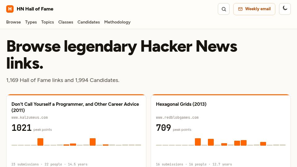 Screenshot of orangecrumbs.com: Show HN: HN Hall of Fame – browse 3,100 legendary Hacker News links