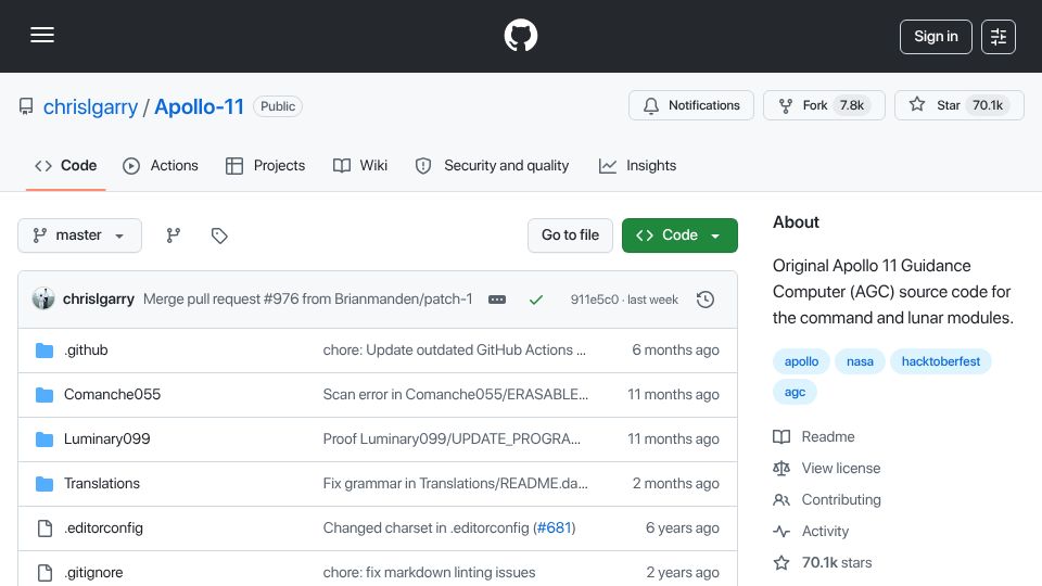 Screenshot of github.com: Original Apollo 11 Guidance Computer source code for command and lunar modules