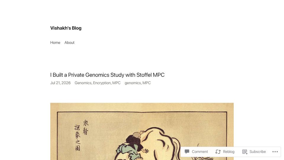 Screenshot of vishakh.blog: I Built a Private Genomics Study with Stoffel MPC
