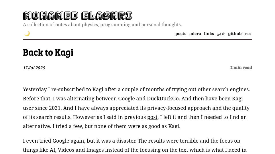 Screenshot of blog.melashri.net: Back to Kagi