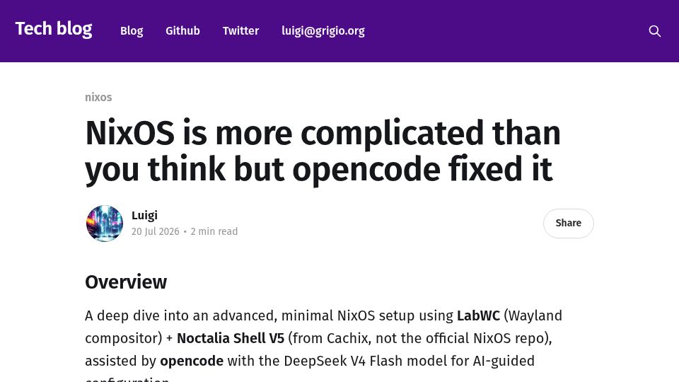 Screenshot of grigio.org: NixOS is more complicated than you think but OpenCode fixed it