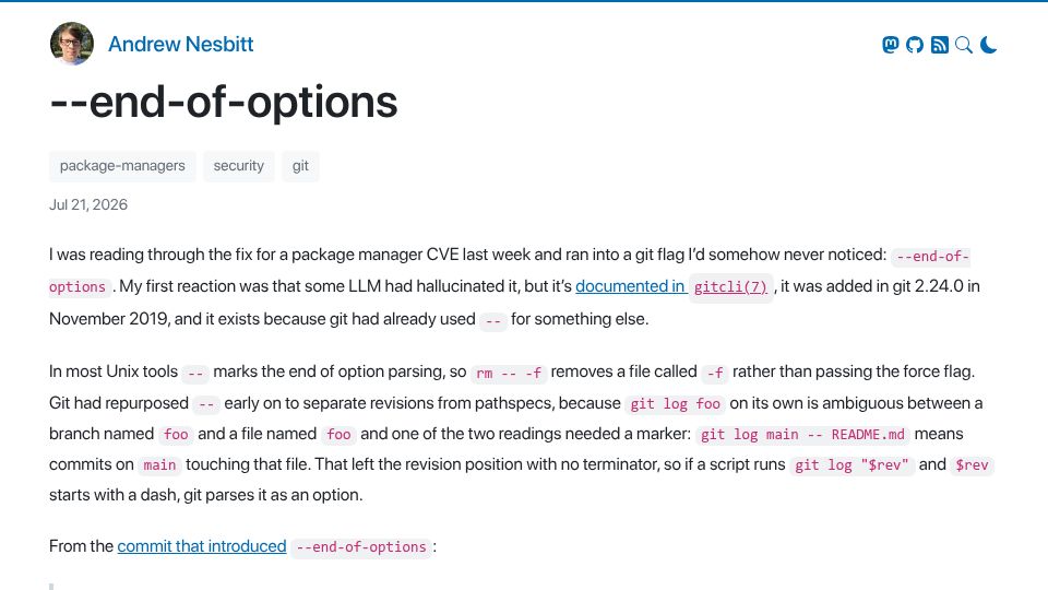 Screenshot of nesbitt.io: git's –end-of-options Flag