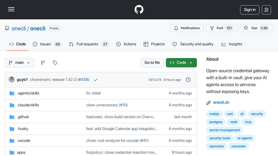 Screenshot of github.com: Show HN: OneCLI – OSS credential gateway that keeps secrets out of AI agents