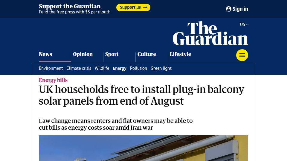 Screenshot of theguardian.com: UK households free to install plug-in balcony solar panels from end of August