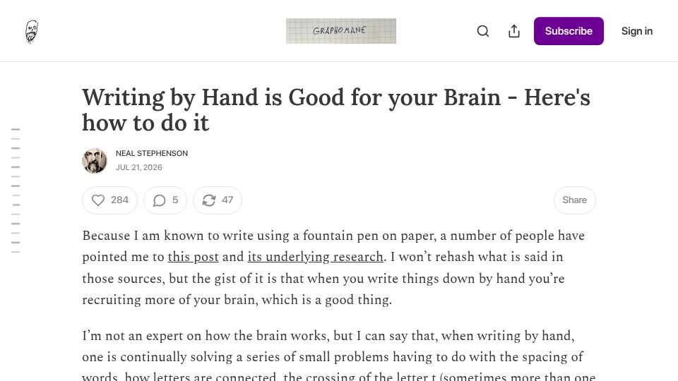 Screenshot of nealstephenson.substack.com: Writing by hand is good for your brain