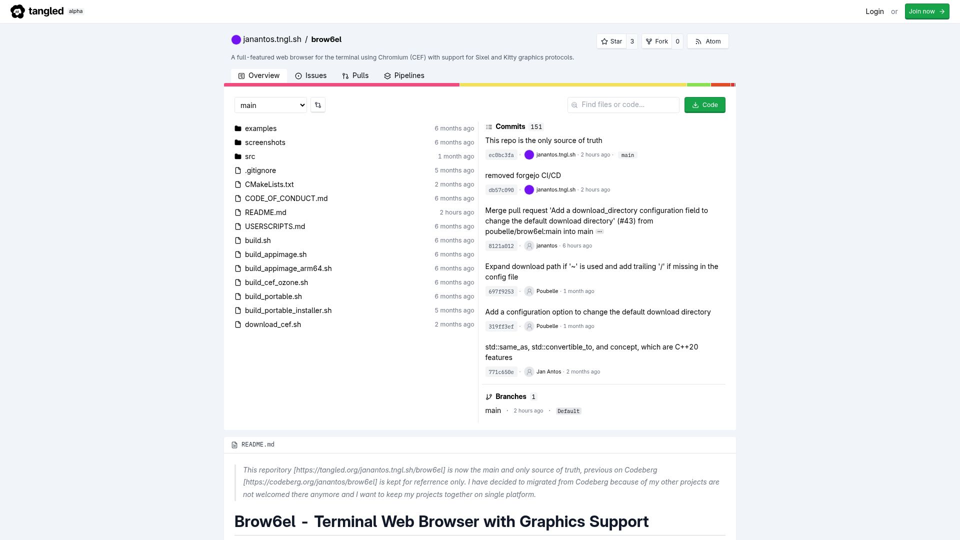 Screenshot of tangled.org: Brow6el: A full-featured web browser for the terminal using Chromium