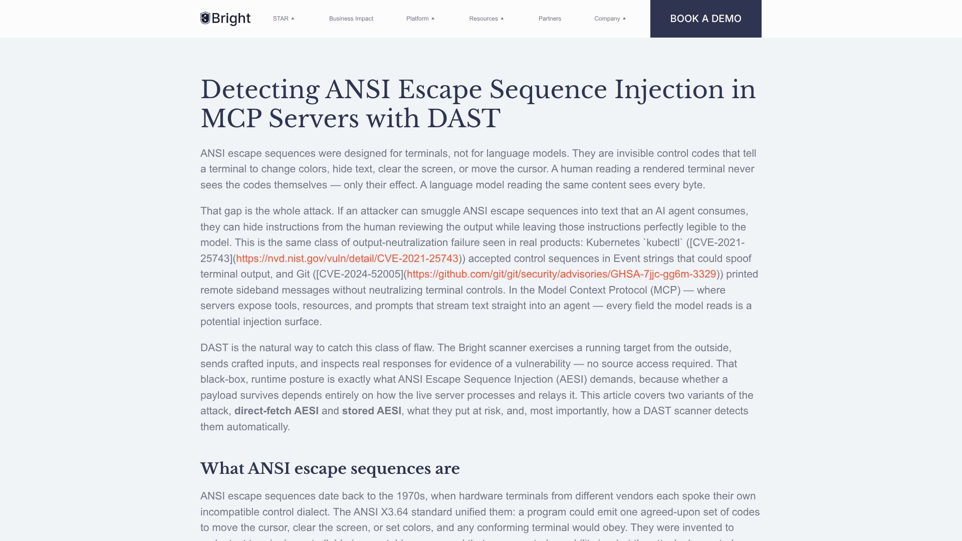 Screenshot of brightsec.com: ANSI escape injection in MCP servers: Hidden from humans, visible to AI