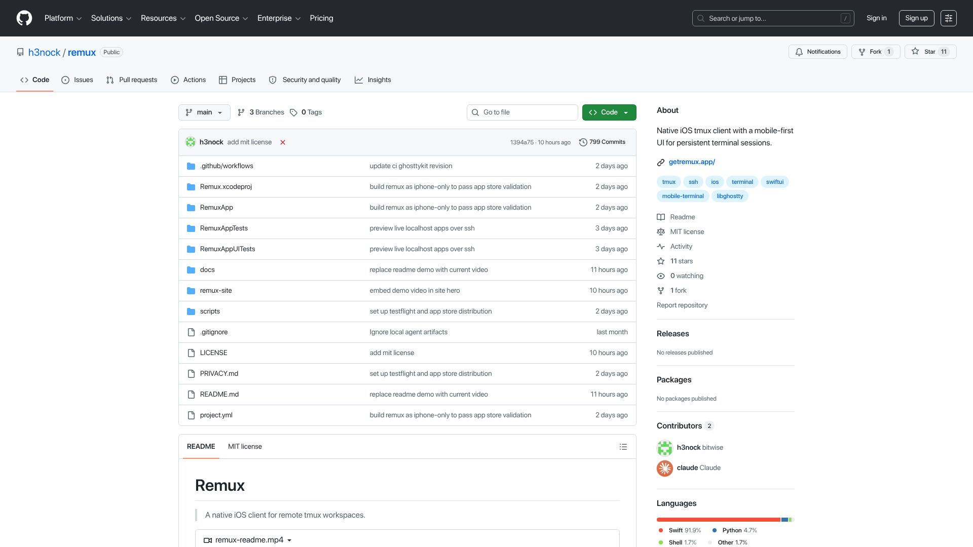 Screenshot of github.com: Show HN: Remux – an open-source tmux workspace designed for iPhone