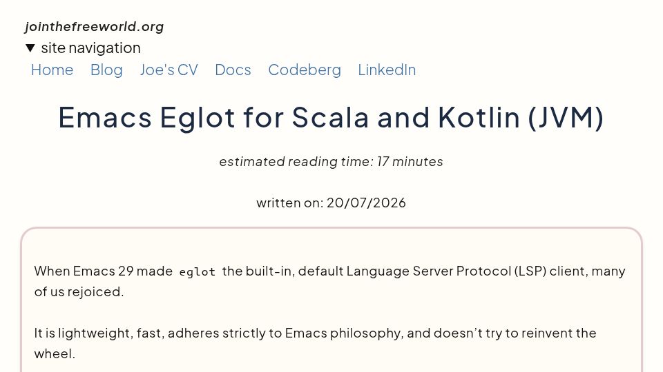 Screenshot of jointhefreeworld.org: Escape IntelliJ: Scala and Kotlin LSPs on Emacs Eglot