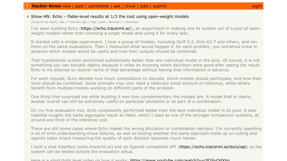 Screenshot of Hacker News post: Show HN: Echo – Fable-level results at 1/3 the cost using open-weight models