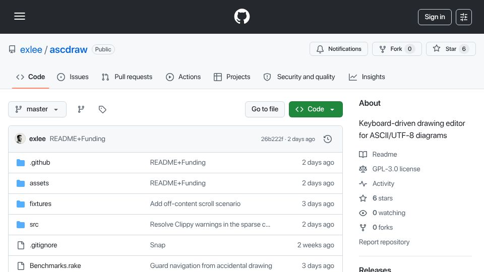 Screenshot of github.com: ascdraw: Editor for ASCII/UTF-8 diagrams (in 144FPS)
