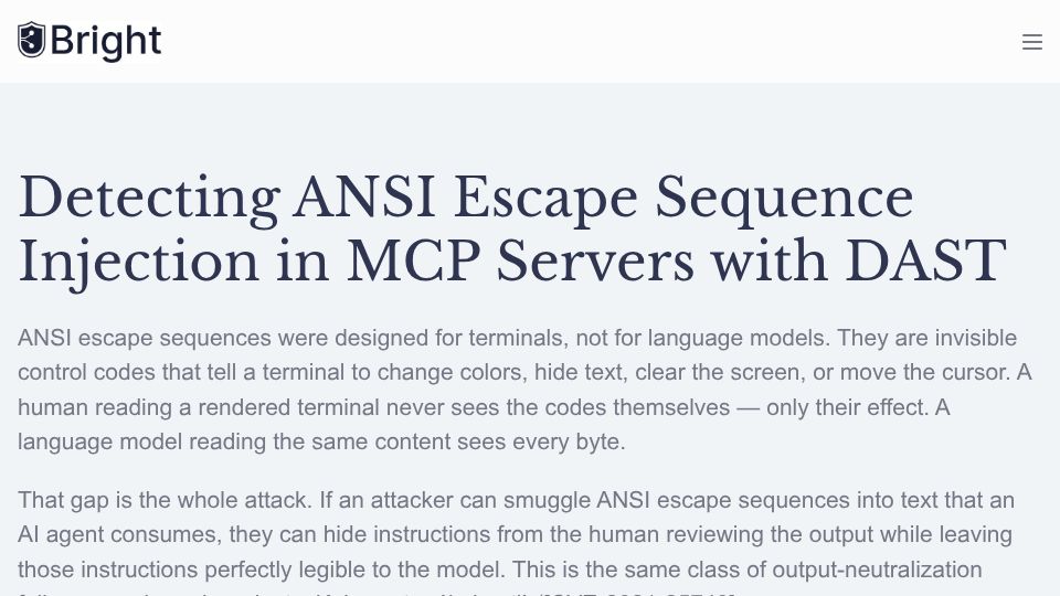 Screenshot of brightsec.com: ANSI escape injection in MCP servers: Hidden from humans, visible to AI
